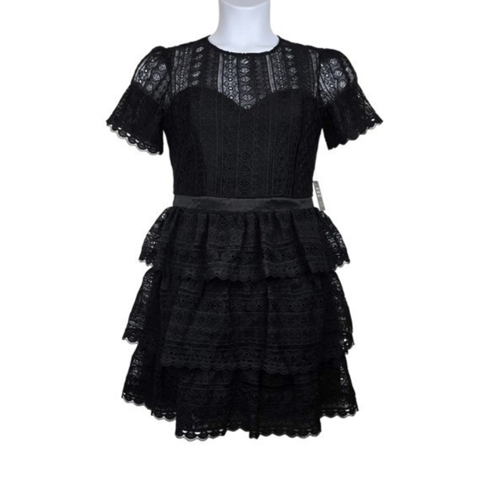 Express Womens Short Sleeve Black Lace Tiered A-Line Mini Dress Size M NWT